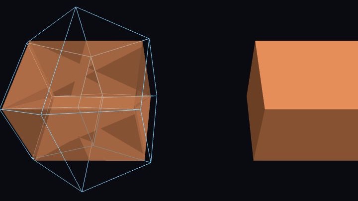A projected tesseract beside its solid three-dimensional cross-section